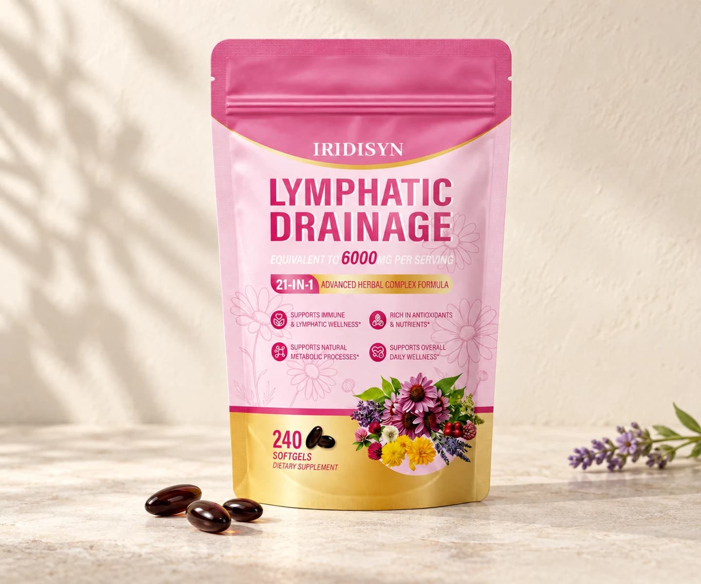 IRIDISYN softgel package with botanical details in a warm editorial setting