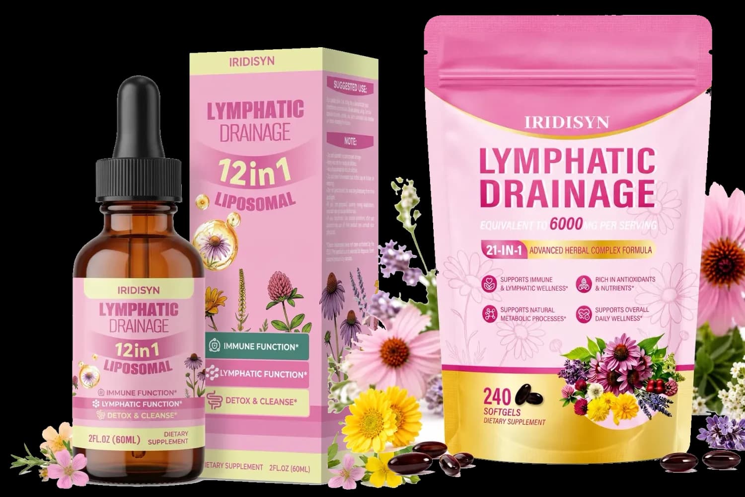IRIDISYN botanical supplement collection arranged in a bright editorial setting