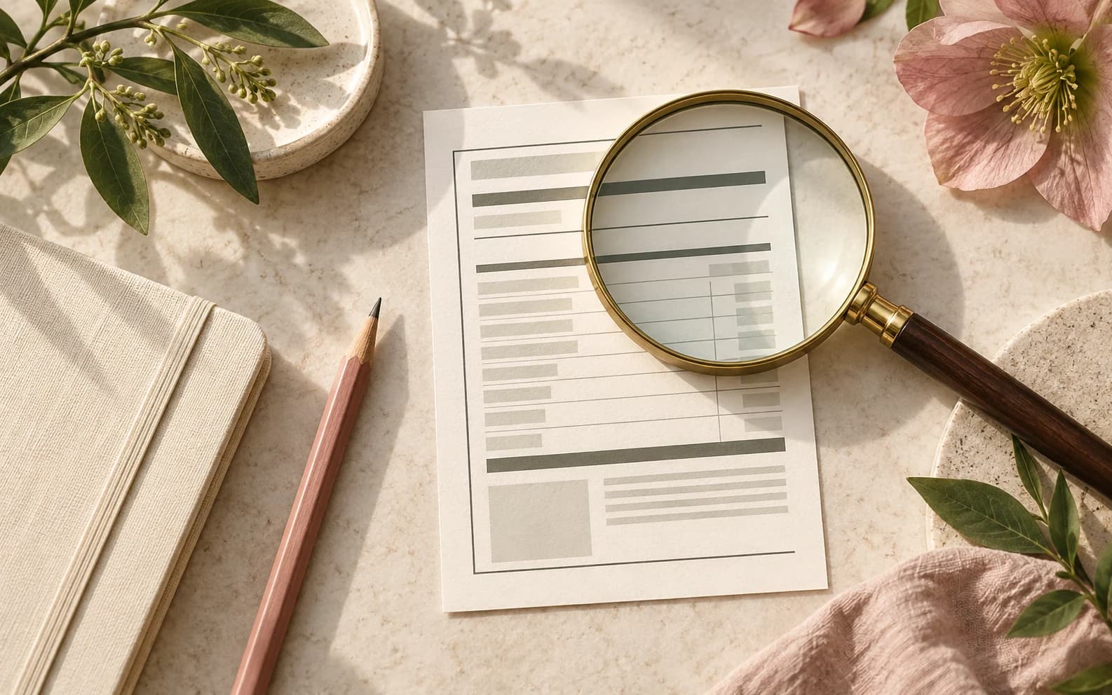 A magnifying glass over an abstract supplement facts card