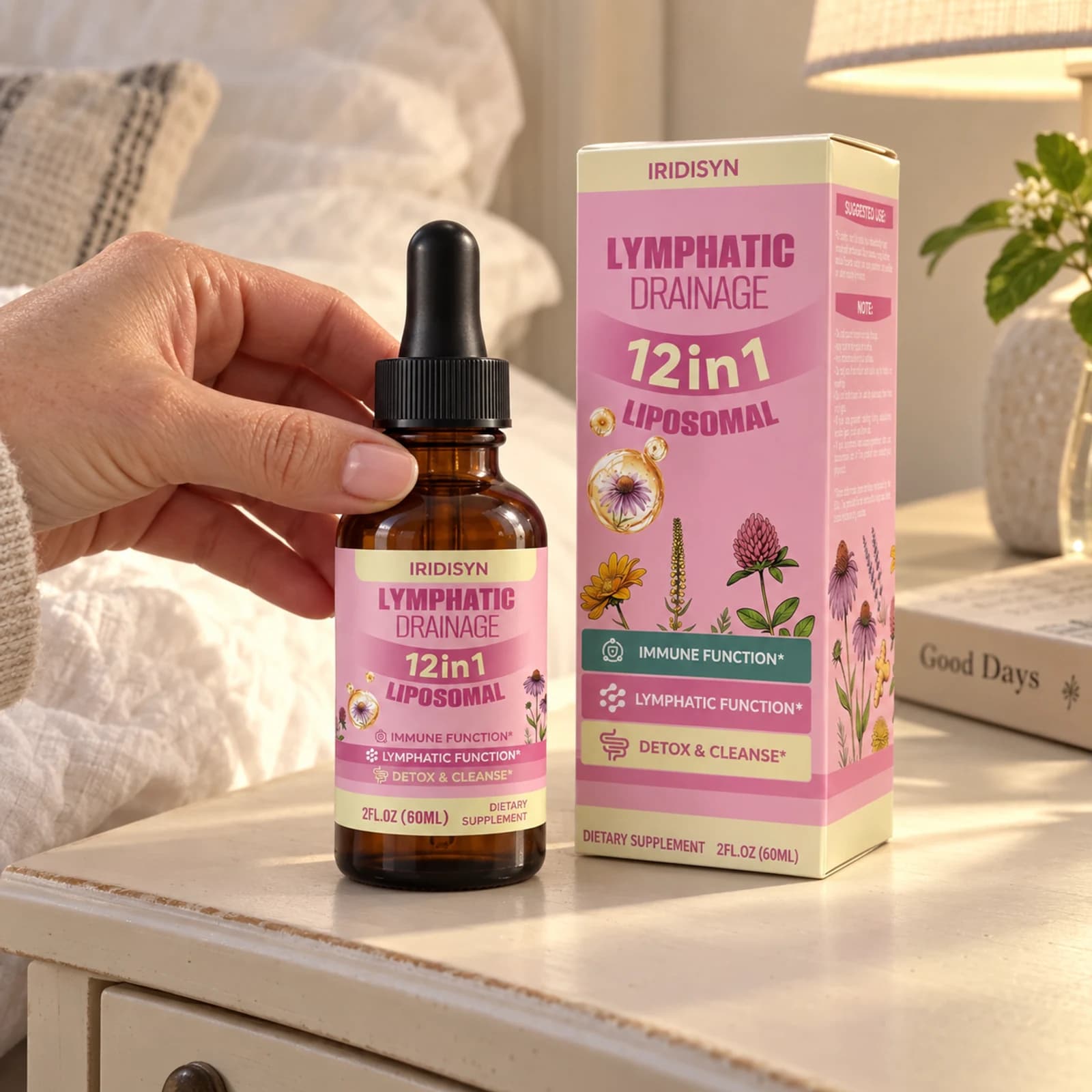 IRIDISYN liquid drops on a bedside table as an example of routine placement