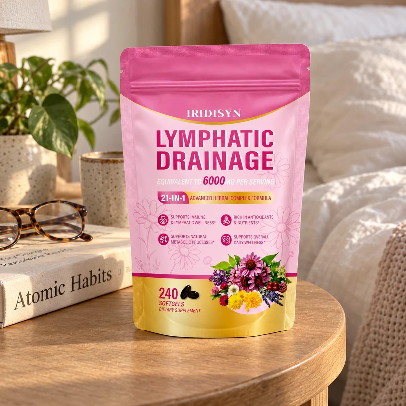 IRIDISYN softgels on a warm bedside table
