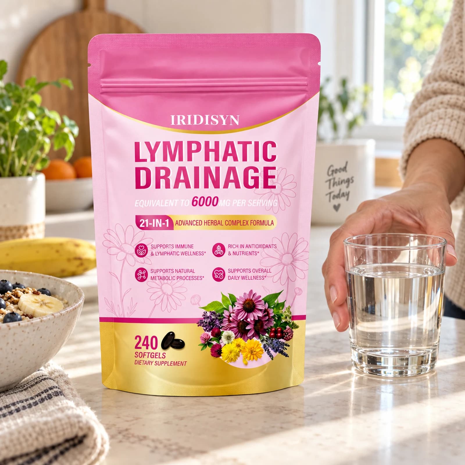 A balanced breakfast setting with an IRIDISYN softgel package nearby